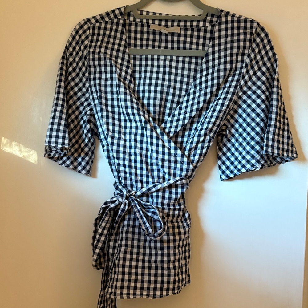 LOFT Navy and White Checkered Blouse
